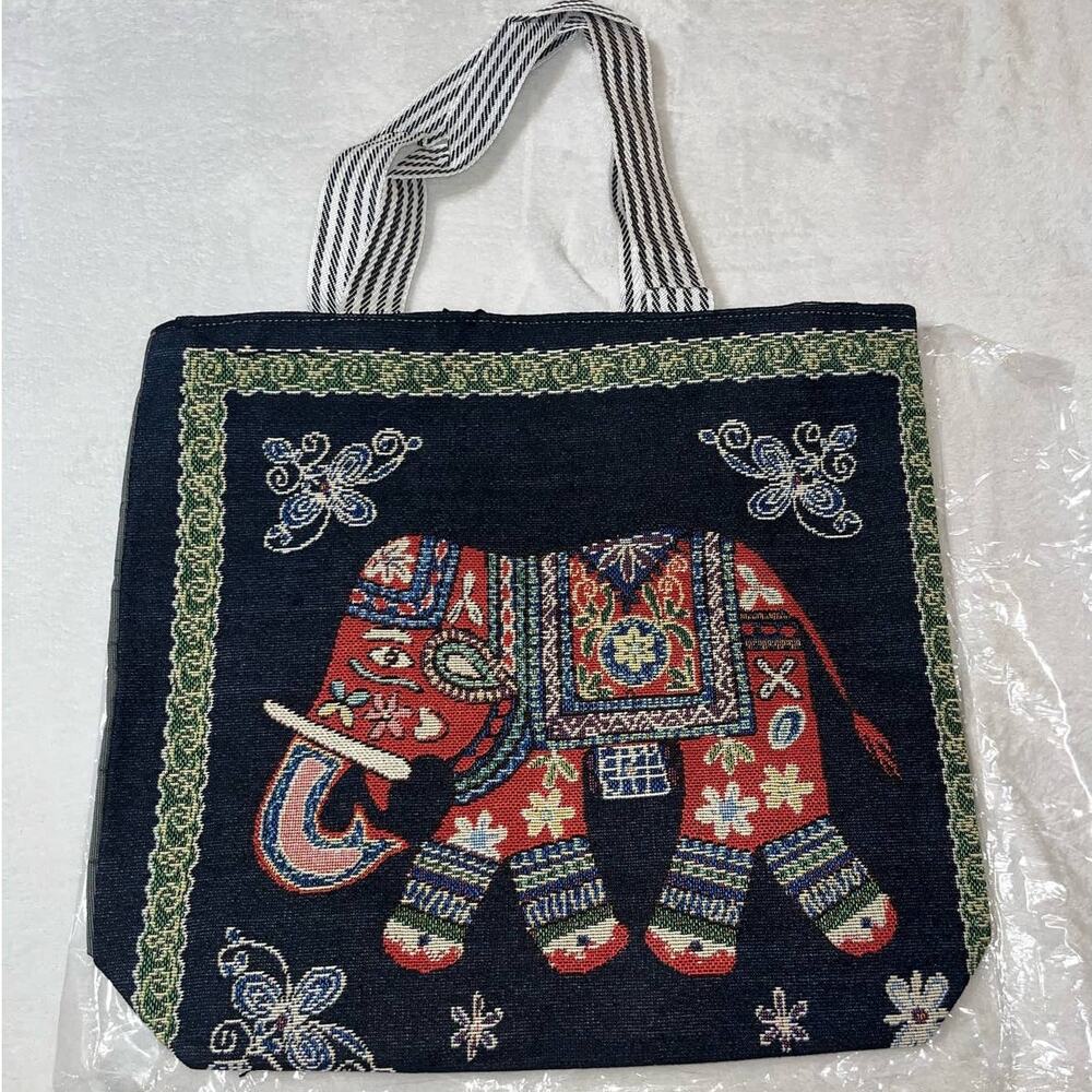 Knitted Canvas Elephant Tote Bag Vintage Embroidery Knitted Shoulder Bag Tote